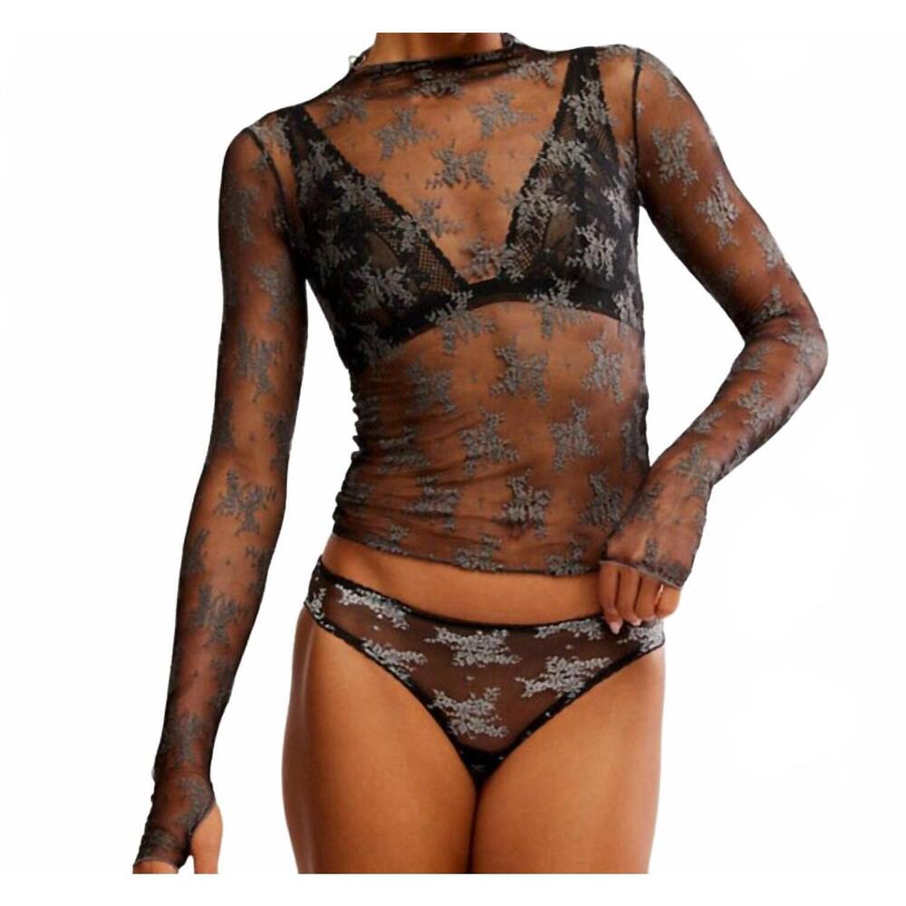 Free People Sheer Black Long Sleeve Mesh Top with Silver Floral Accents